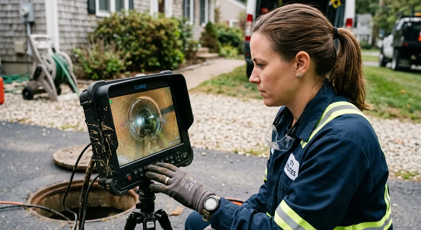 Technician reviewing sewer camera inspection footage in Rolling Hills Estates