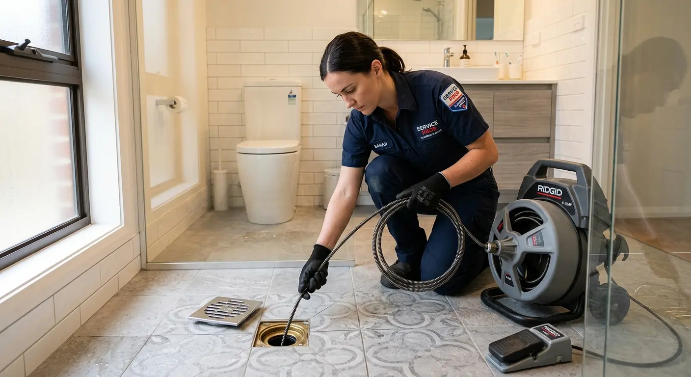 Technician clearing a bathroom floor drain for Sewer Line Installation in Rolling Hills Estates